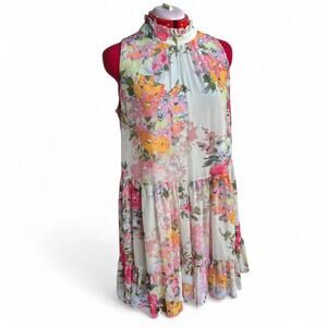 Bleecker 126 Multicolored Floral Sleeveless Dress With Ruffled Collar Large